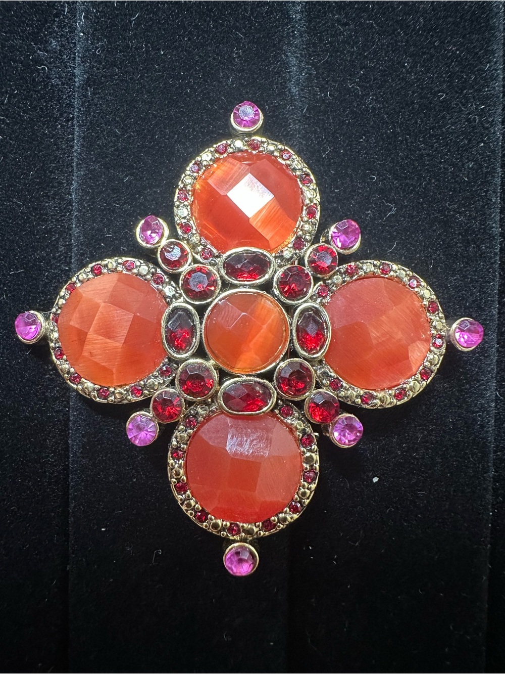 Vintage Monet Signed Maltese Cross Brooch Pin Orange Cat Eye Rhinestone Jewel
